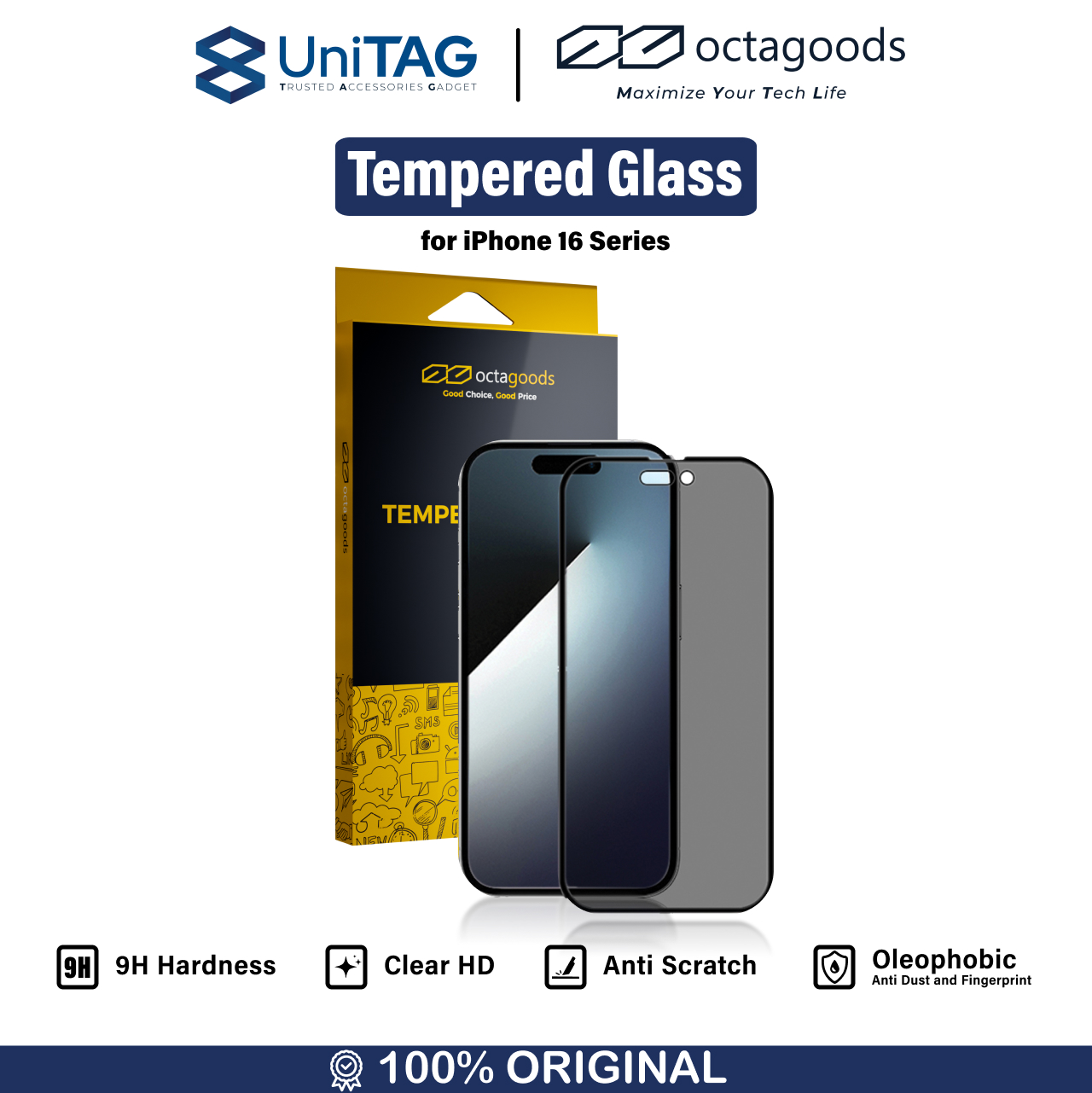 Octagoods iPhone 16 Pro Tempered Glass Full Cover - Privacy PG7435