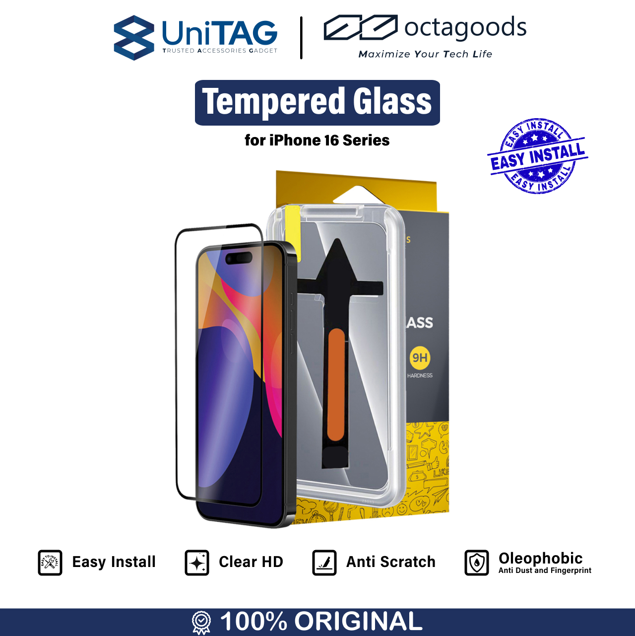 Octagoods iPhone 16 Pro Tempered Glass Full Cover with Tray - Clear WCC050