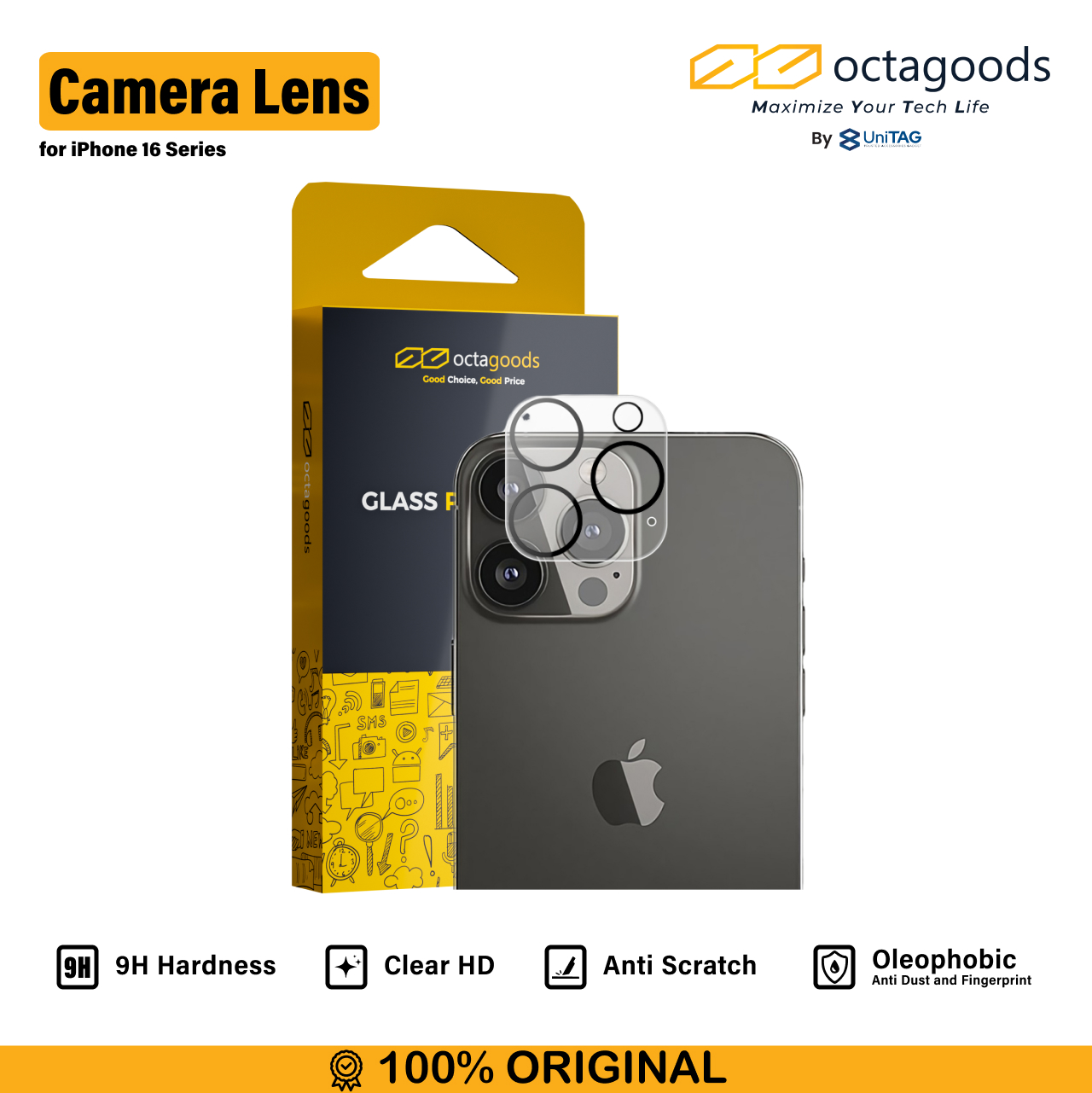 Octagoods iPhone 16 / 16 Plus Camera Lens Full Cover - Clear PG7106