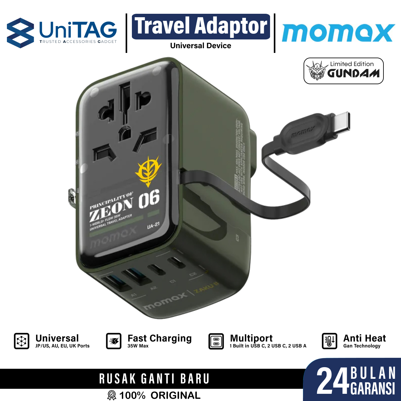 Momax Travel Adaptor 1-World+ Flow 4-Port 2A 2C + Built-in USB C 35W - Zaku Green UA21GDG