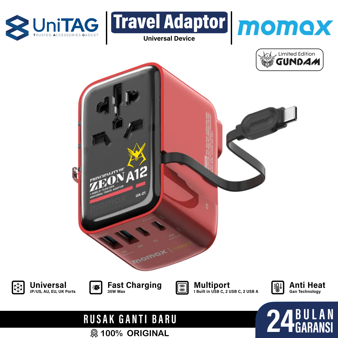 Momax Travel Adaptor 1-World+ Flow 4-Port 2A 2C + Built-in USB C 35W - Zaku Red UA21GDR