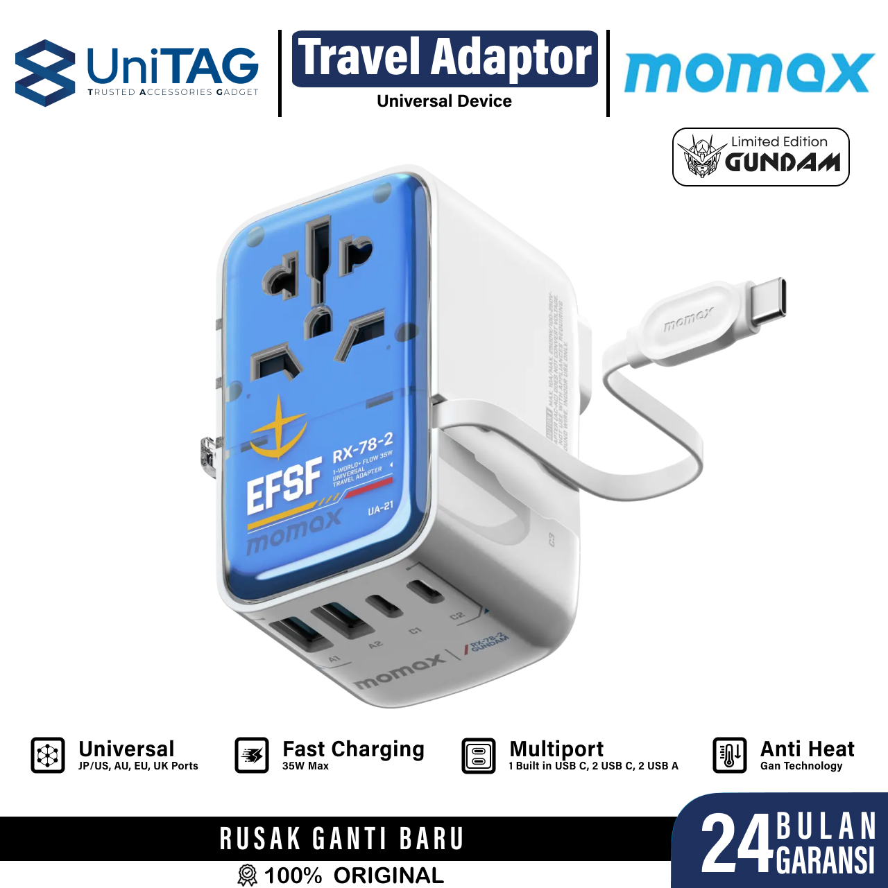 Momax Travel Adaptor 1-World+ Flow 4-Port 2A 2C + Built-in USB C 35W - Gundam White UA21GDW