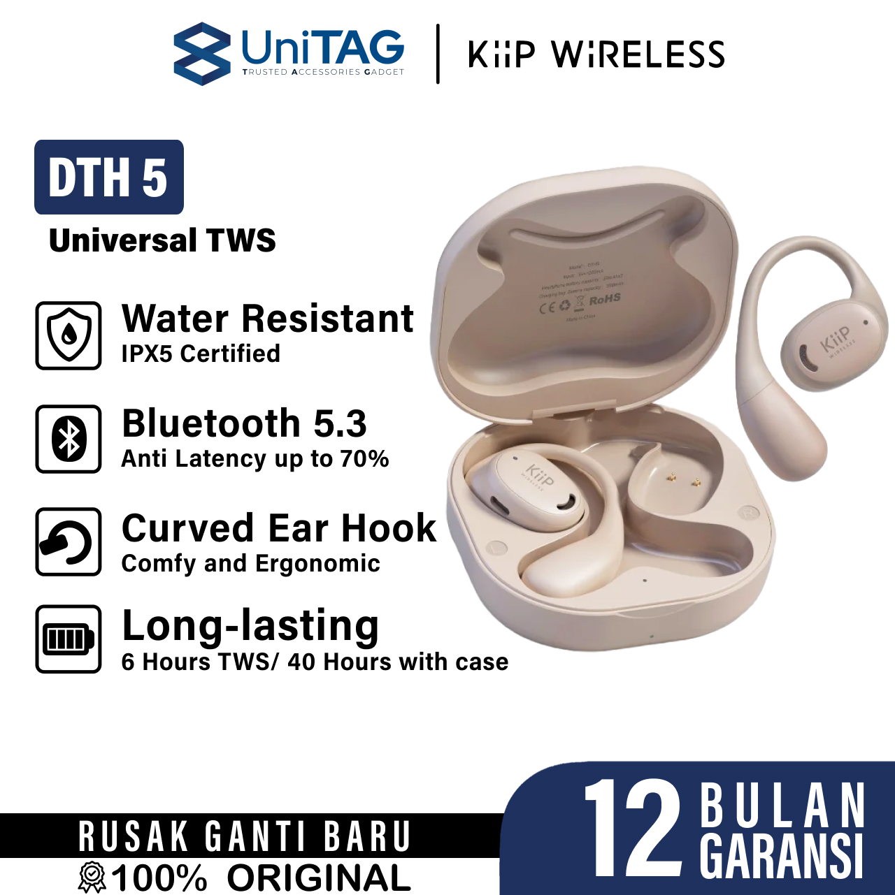KiiP TWS DTH5 Earhook Bluetooth - Beige KP-EAR-DTH5-BG