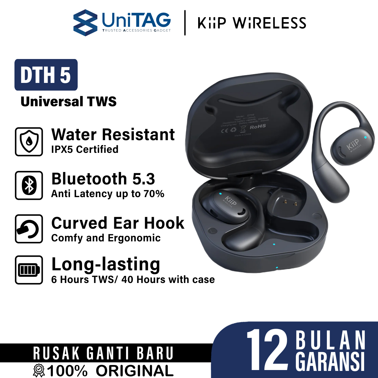 KiiP TWS DTH5 Earhook Bluetooth - Black KP-EAR-DTH5-BK