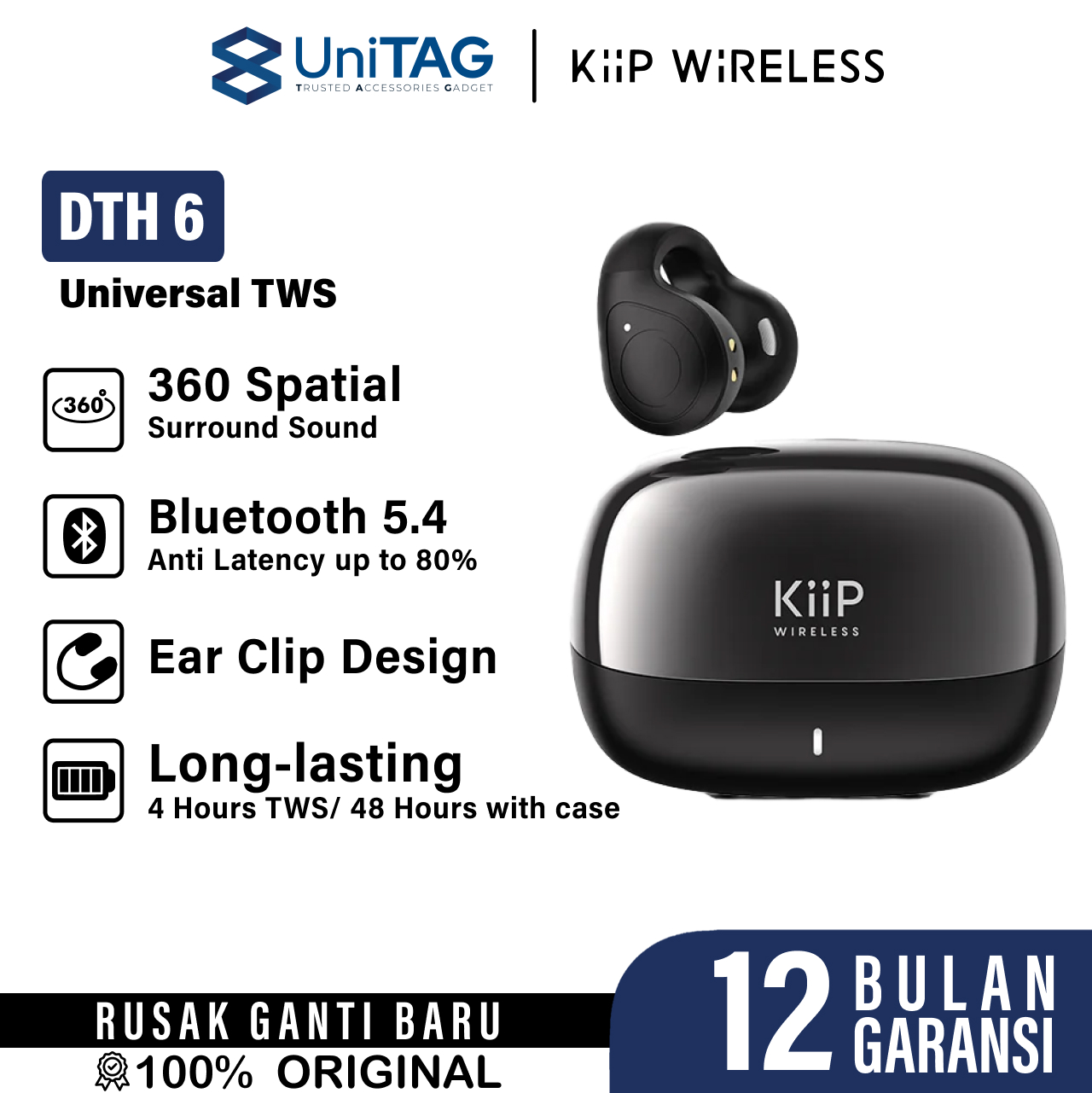 KiiP TWS DTH6 Ear Clip Bluetooth - Black KP-EAR-DTH6-BK