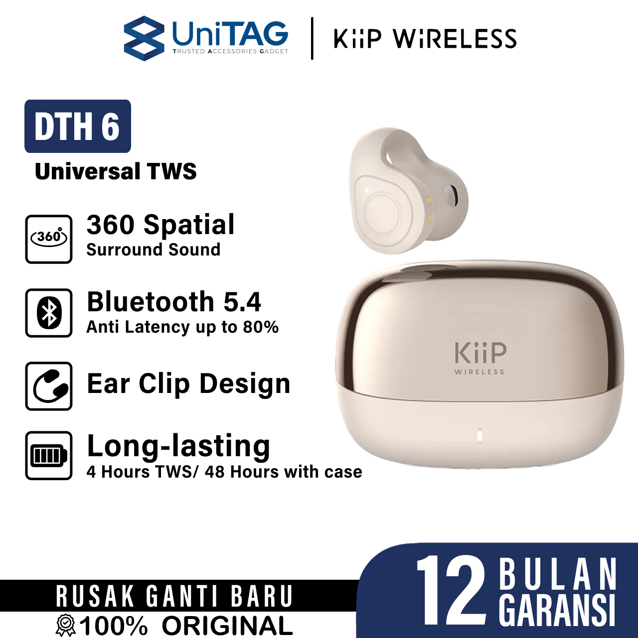 KiiP TWS DTH6 Ear Clip Bluetooth - Beige KP-EAR-DTH6-BG