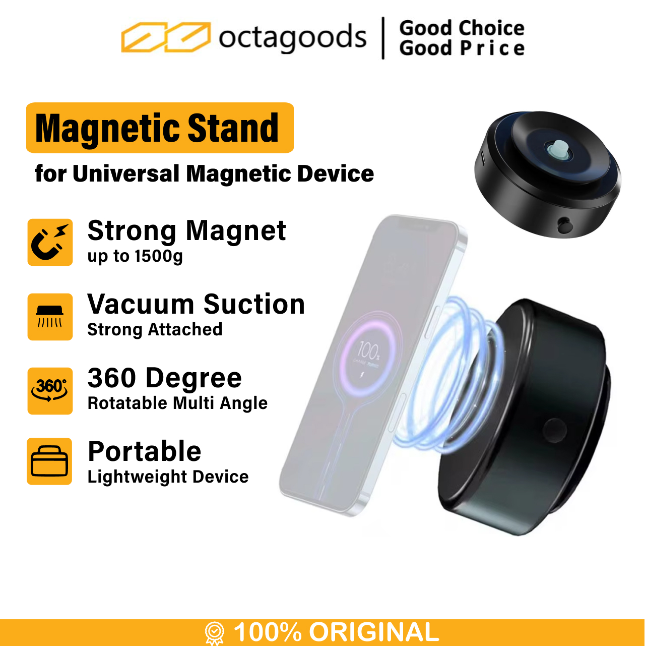 Octagoods Universal Phone Holder Magsafe Vacuum Suction X8 - Black