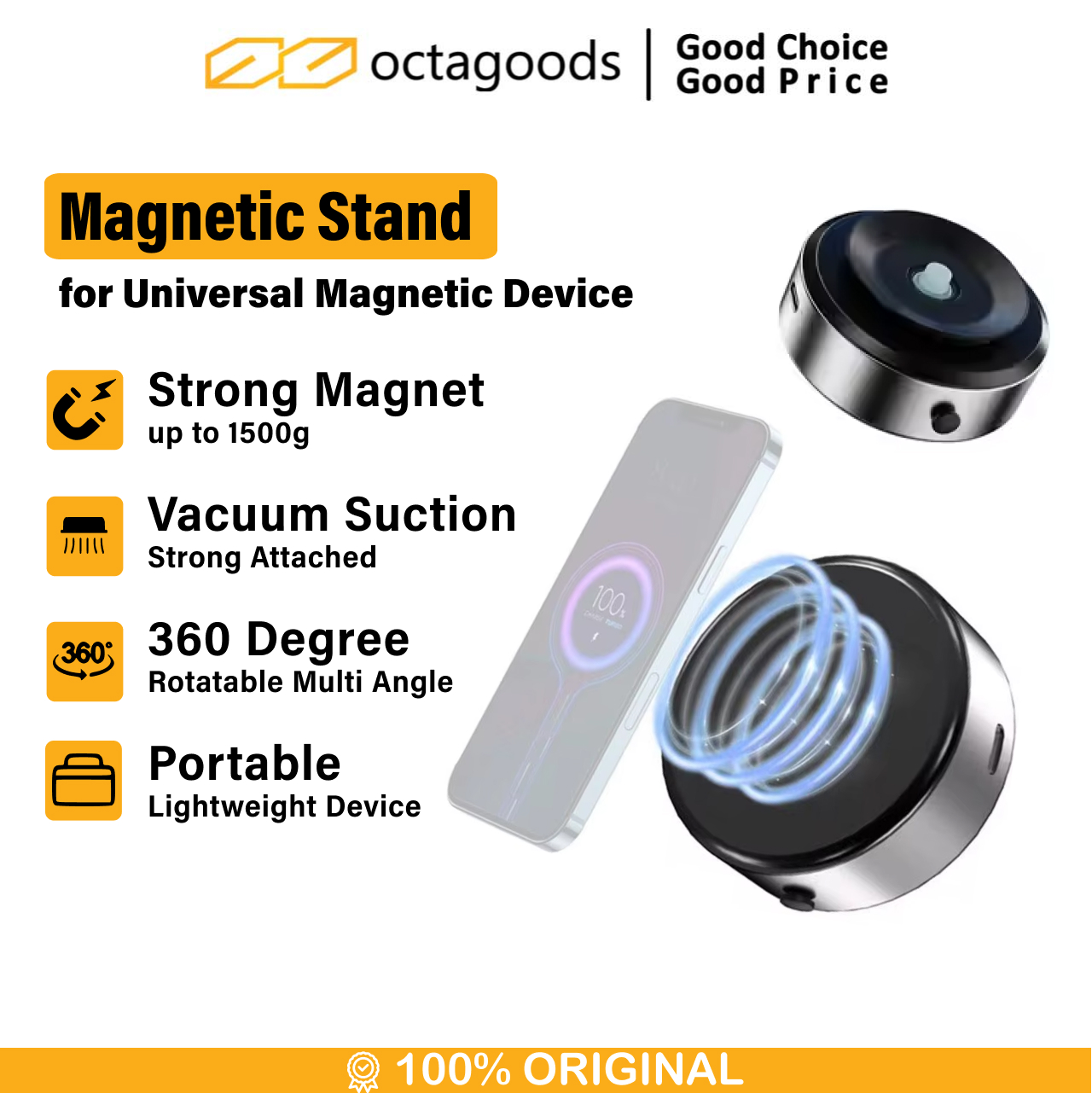 Octagoods Universal Phone Holder Magsafe Vacuum Suction X8 - Silver