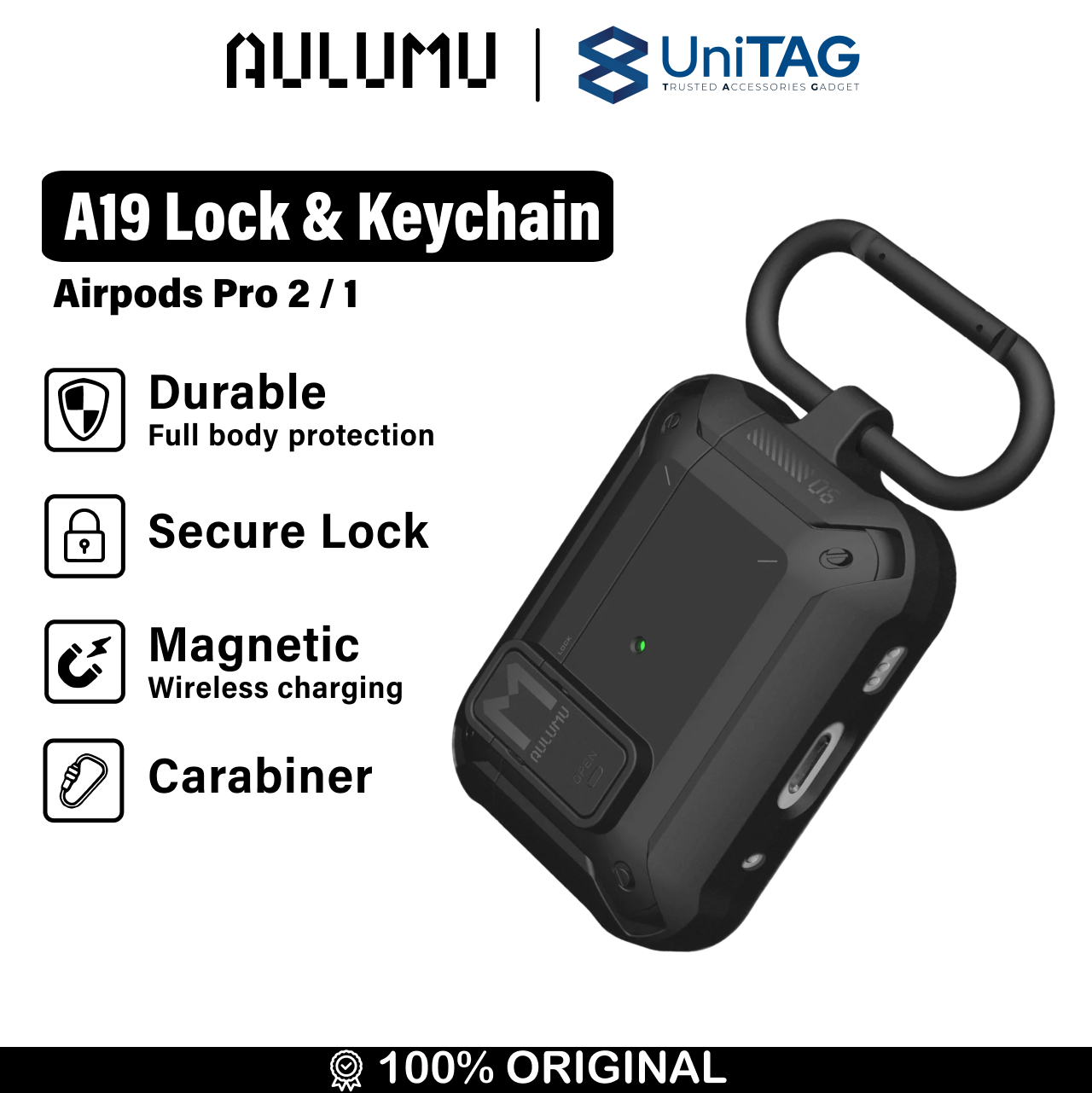 Aulumu Airpods Pro 2 / 1 Case A19 Lock & Keychain - Black UA-A19-BK