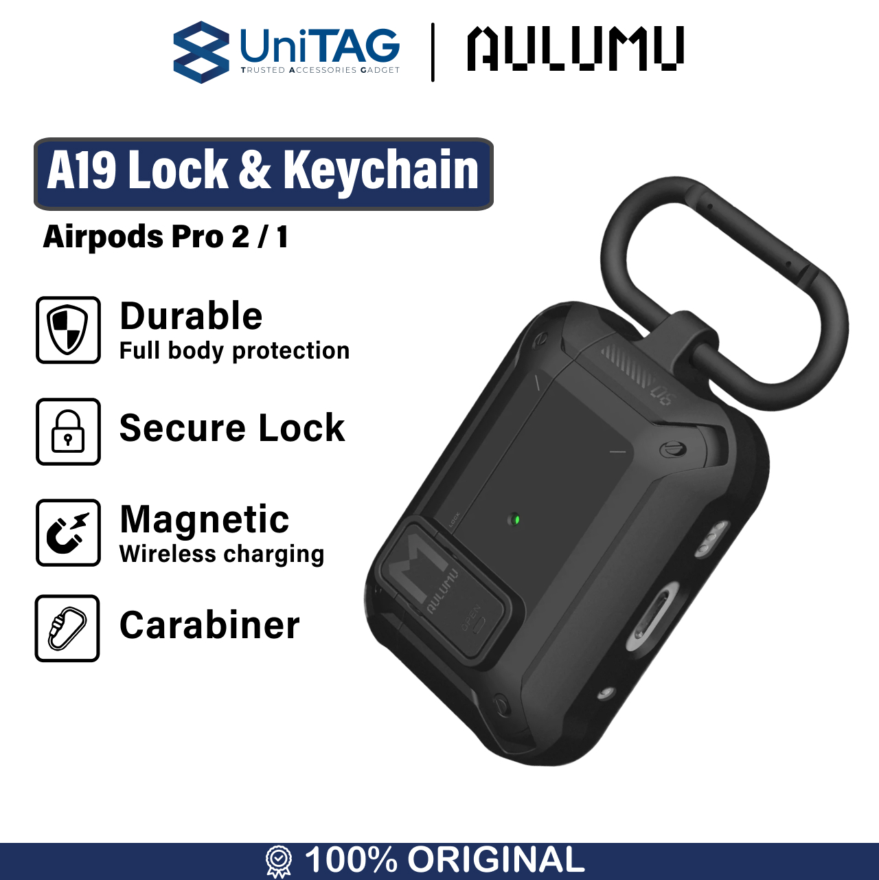 Aulumu Airpods Pro 2 / 1 Case A19 Lock & Keychain - Black UA-A19-BK