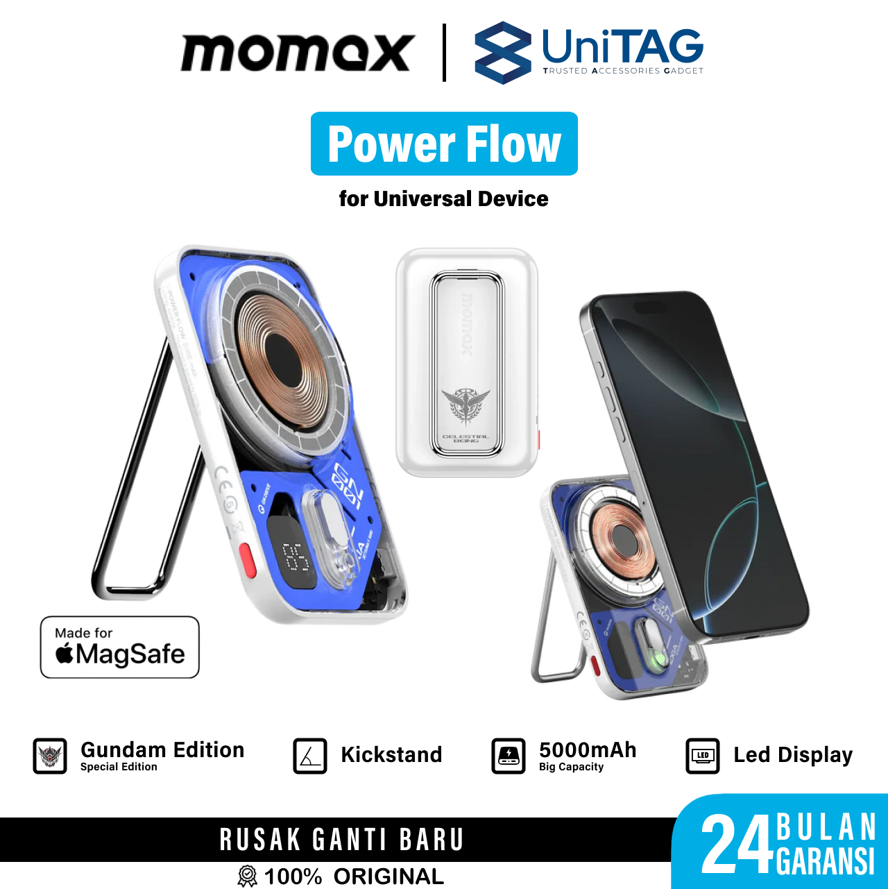 Momax Powerbank Magsafe Transparent Stand 5000mAh 1-Power Flow - Gundam White IP126GDB