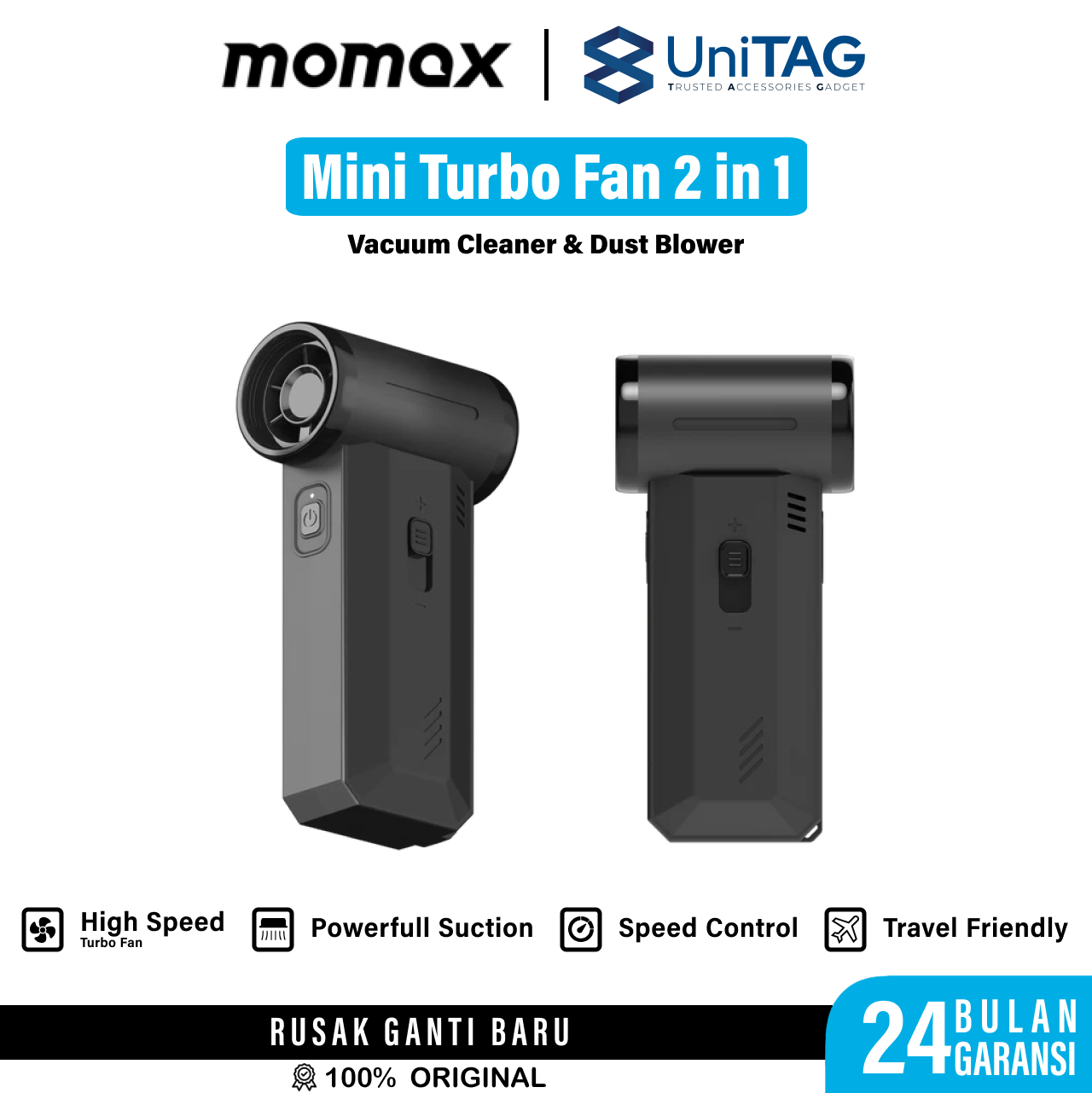 Momax Mini Turbo Fan 2 in 1 Vacuum Cleaner & Dust Blower 1 Airo - Dark Grey RO12E