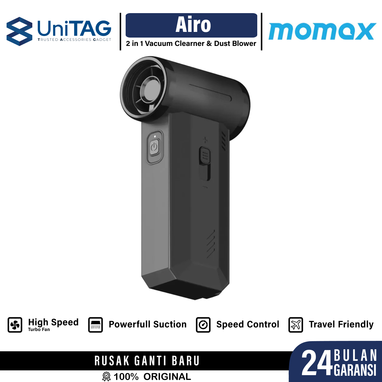 Momax Mini Turbo Fan 2 in 1 Vacuum Cleaner & Dust Blower 1Airo - Black RO12D