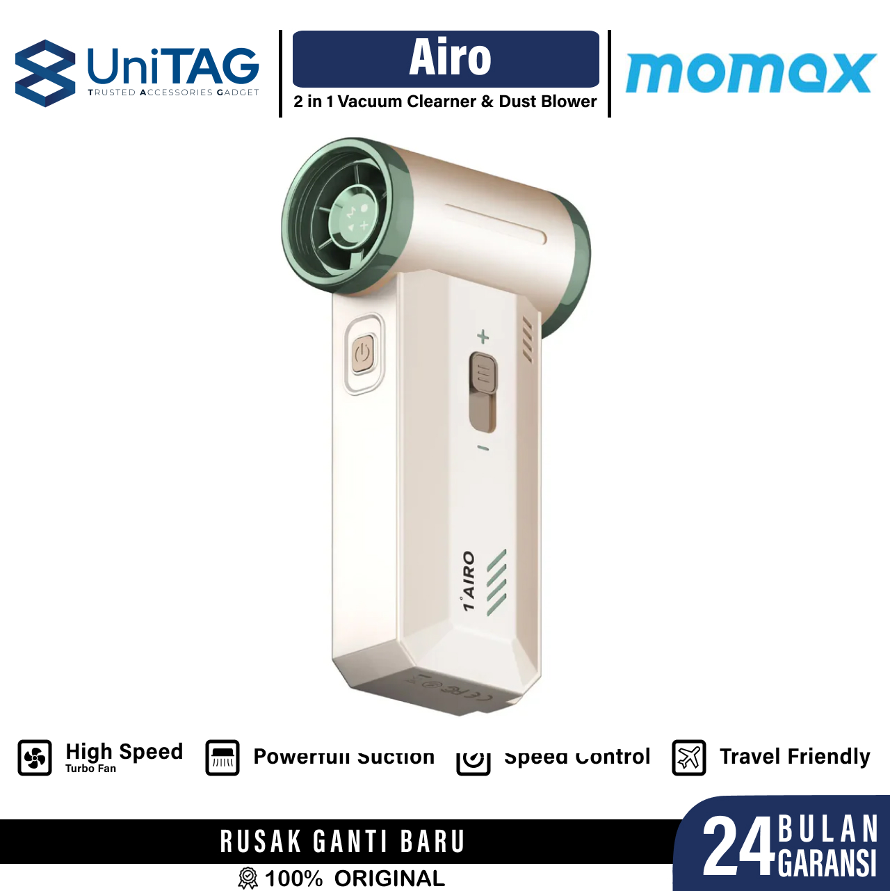 Momax Mini Turbo Fan 2 in 1 Vacuum Cleaner & Dust Blower 1Airo - White RO12W