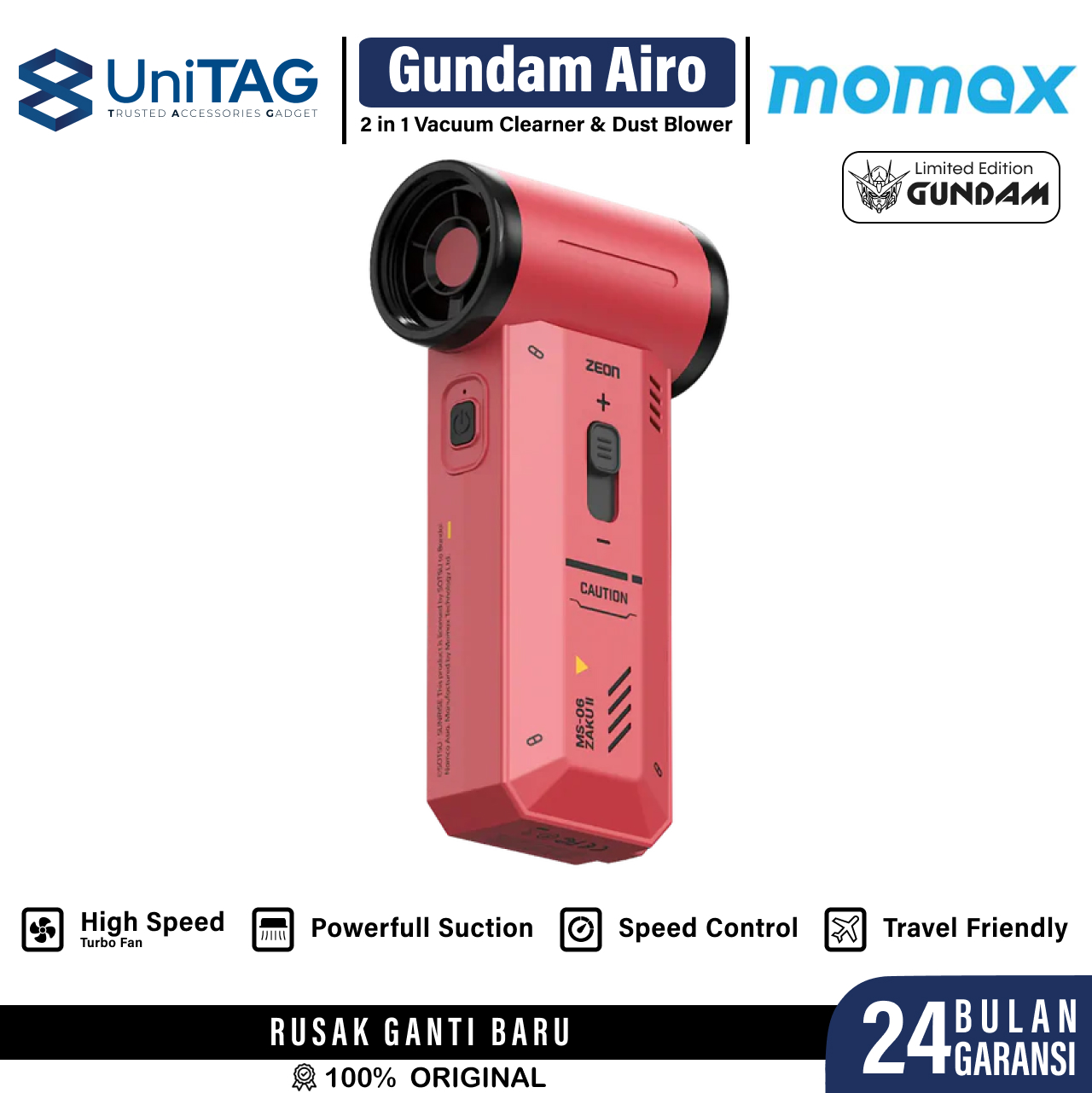 Momax Mini Turbo Fan 2 in 1 Vacuum Cleaner & Dust Blower 1 Airo - Zaku Red RO12GDR