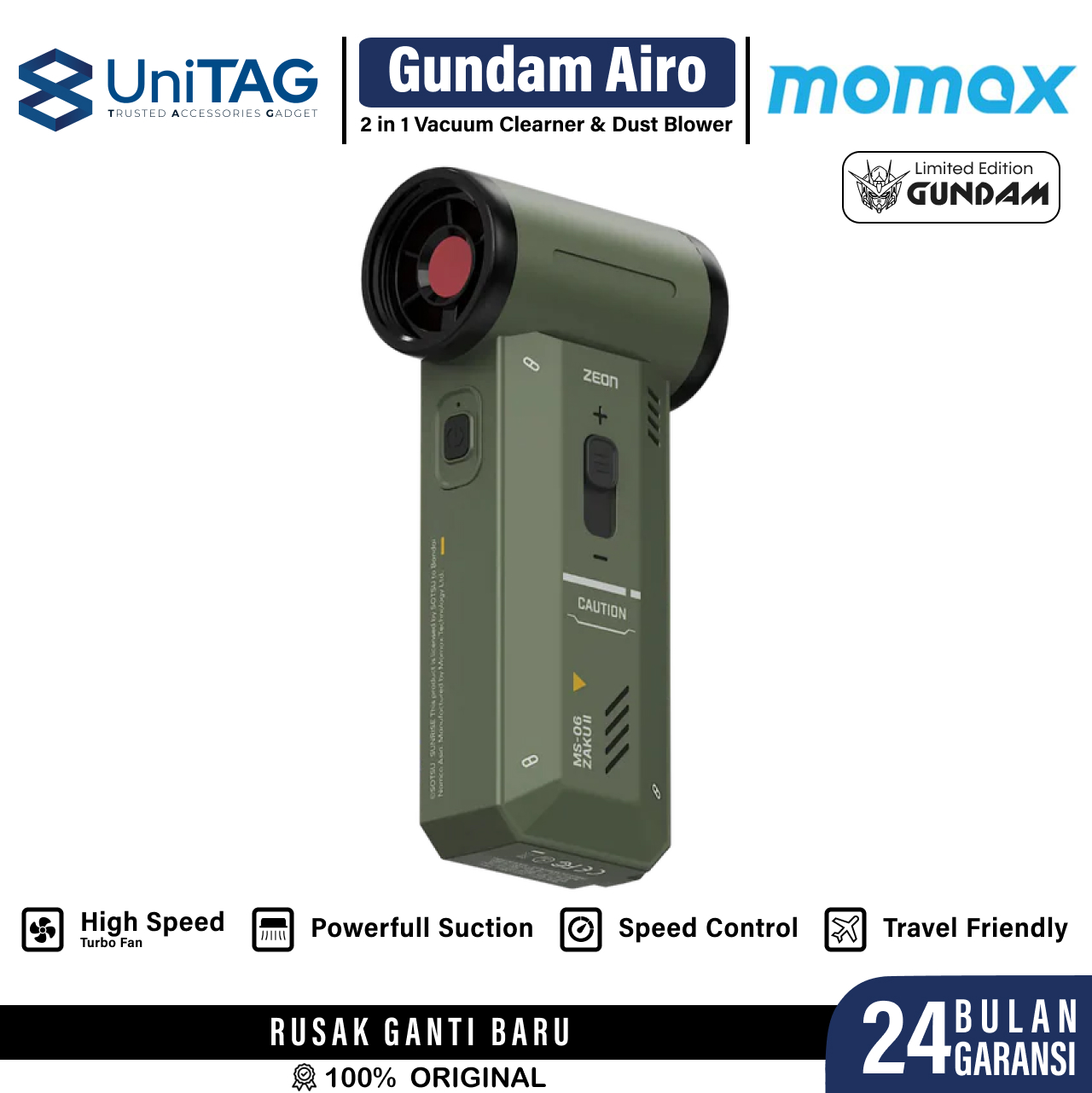 Momax Mini Turbo Fan 2 in 1 Vacuum Cleaner & Dust Blower 1Airo - Zaku Green RO12GDG