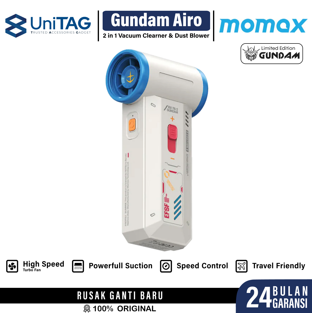 Momax Mini Turbo Fan 2 in 1 Vacuum Cleaner & Dust Blower 1 Airo - Gundam White RO12GDW