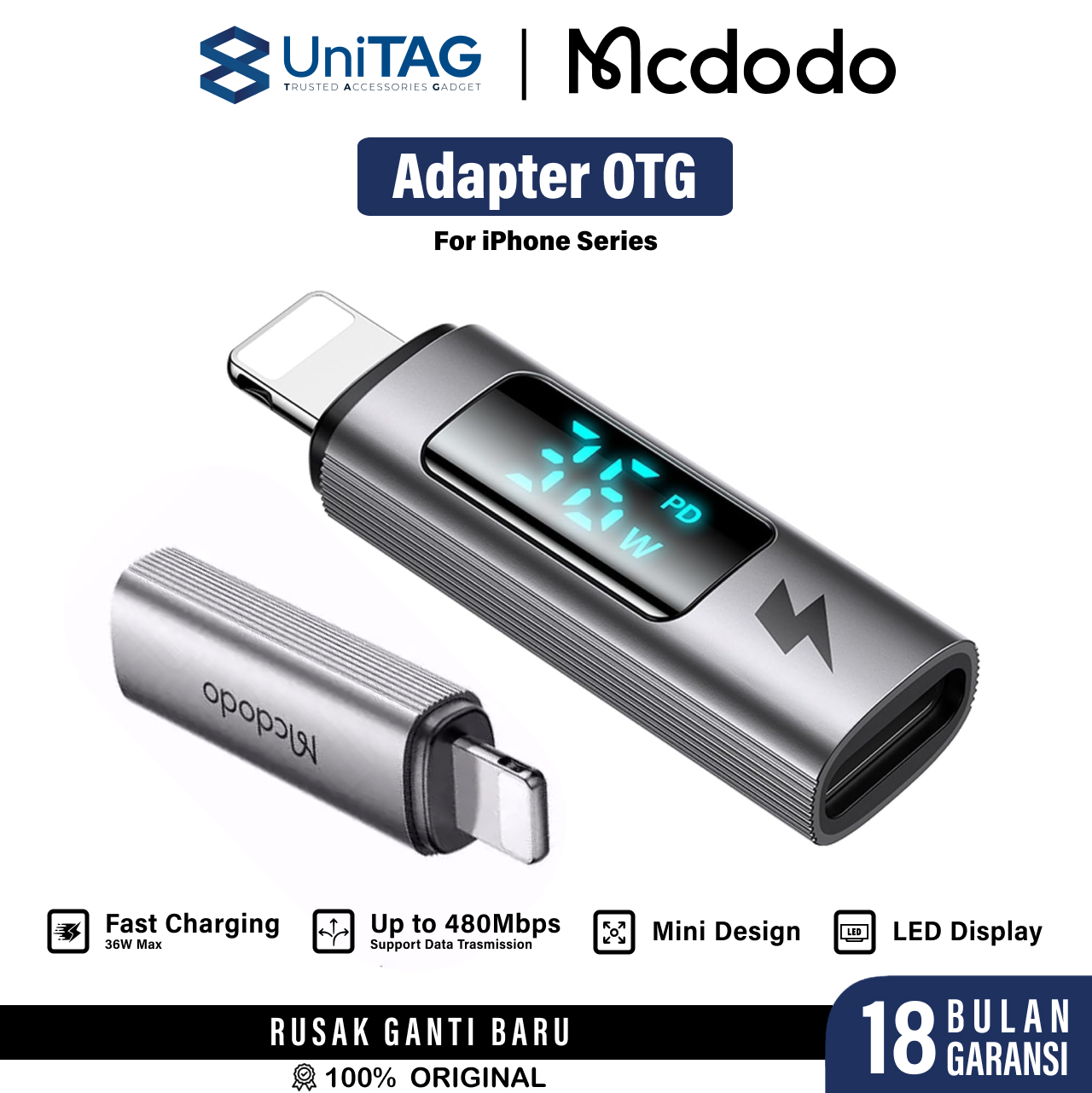 MCDODO Adapter OTG Lightning (Male) to USB C (Female) 36W LED Display - OT-6100