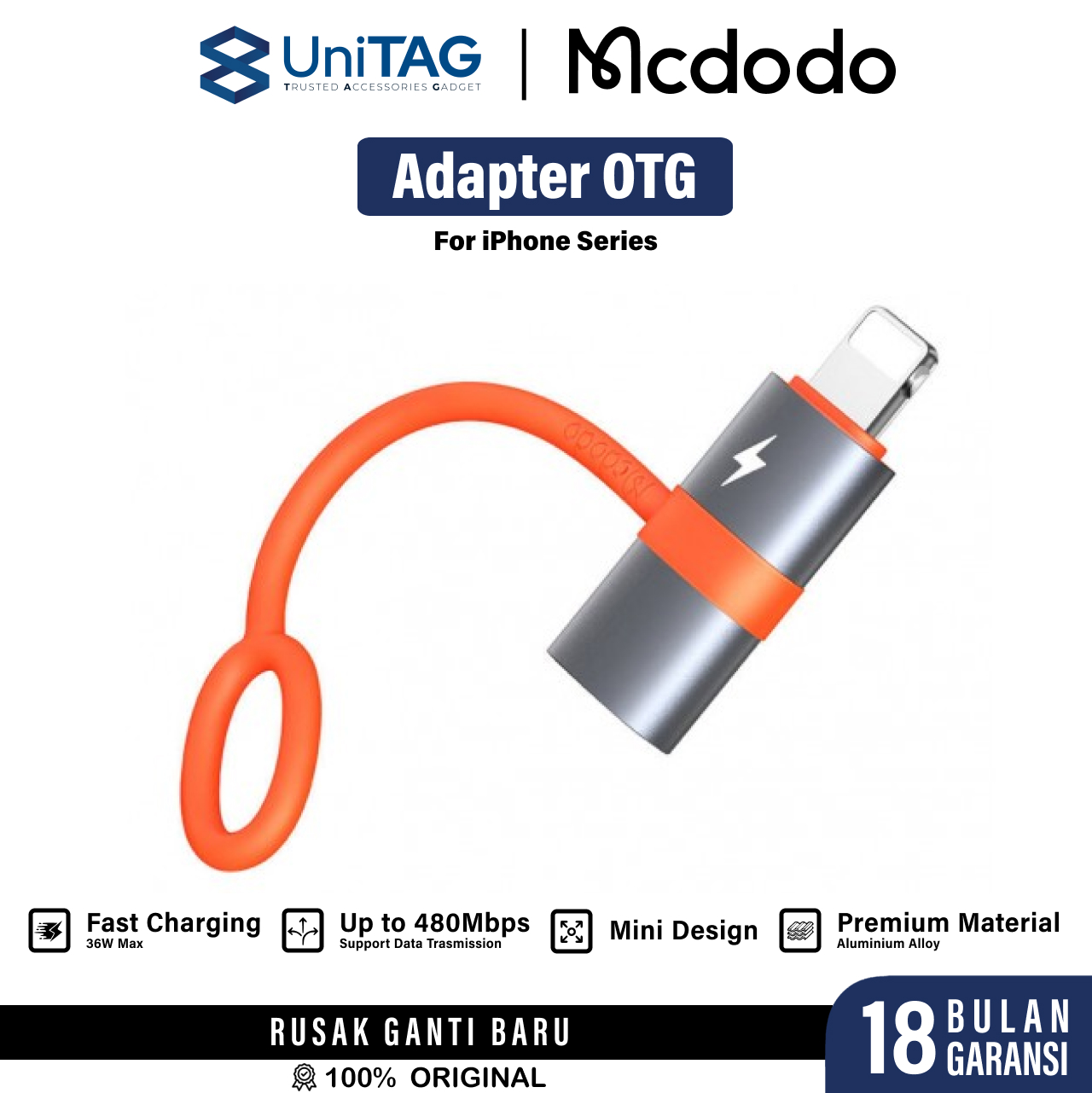 MCDODO Adapter OTG Lightning (Male) to USB C (Female) 36W Cable Holder - OT-0510