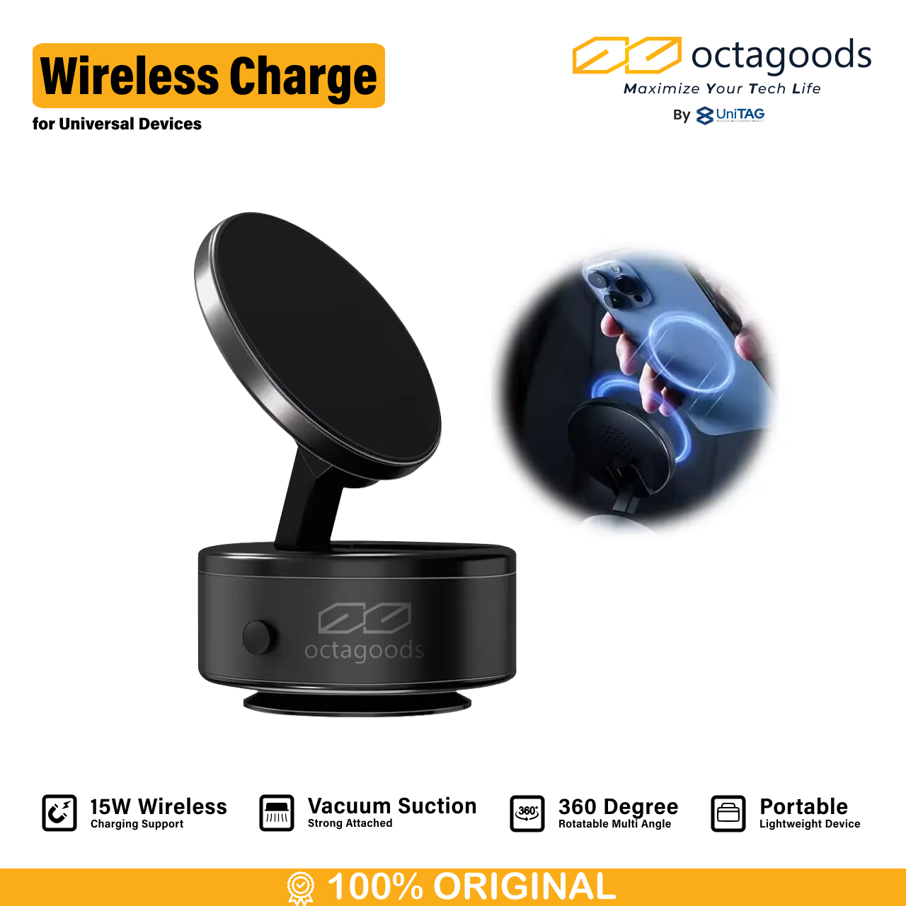 Octagoods Universal Phone Holder with Wireless Charger Vacuum Suction D21Q - Black D21Q