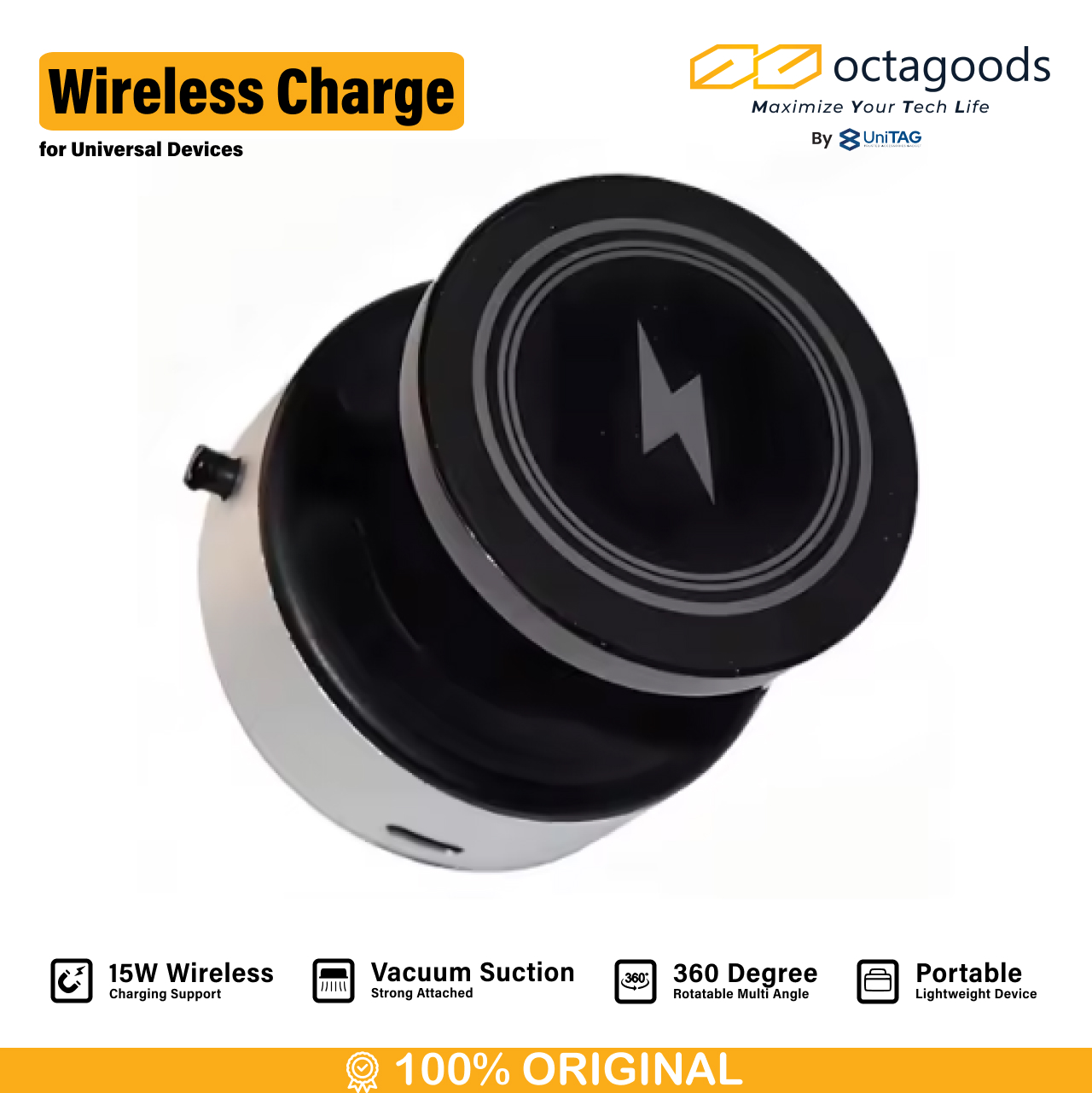 Octagoods Universal Phone Holder with Wireless Charger Vacuum Suction M12Q - Black M12Q