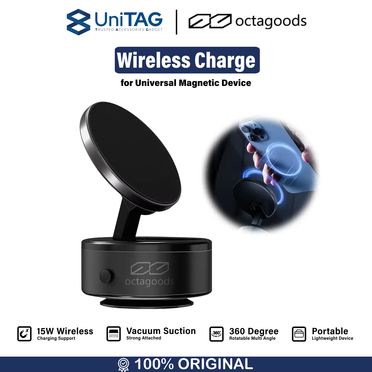 Octagoods Universal Phone Holder with Wireless Charger Vacuum Suction M12Q - Black M12Q-1