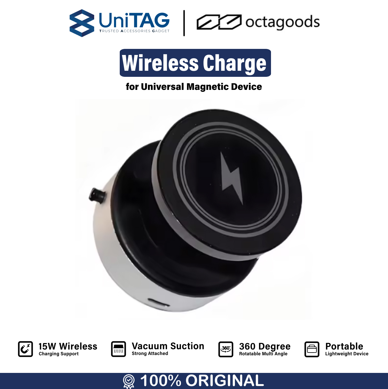 Octagoods Universal Phone Holder with Wireless Charger Vacuum Suction M12Q - Black M12Q