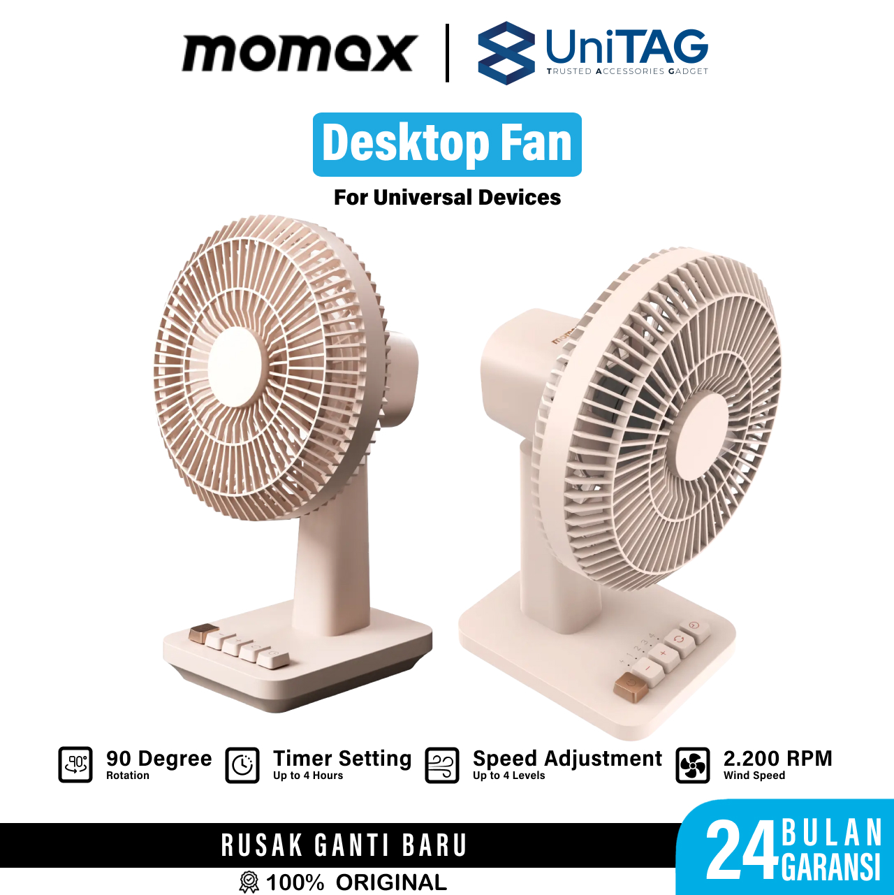 Momax Mini Desk Fan Ultra Quiet Rechargeable - Desert Titanium IF20L2