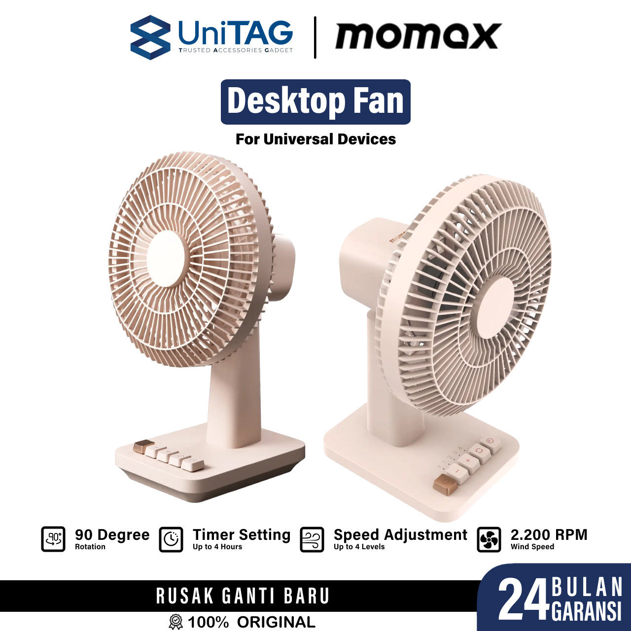 Momax Mini Desk Fan Ultra Quiet Rechargeable - Desert Titanium IF20L2