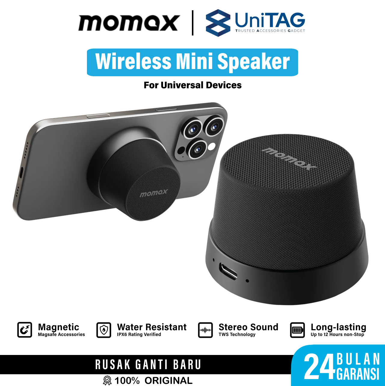 Momax Wireless Speaker 1-VibeGo Magnetic Portable True Wireless Speaker - Black BS6HKD