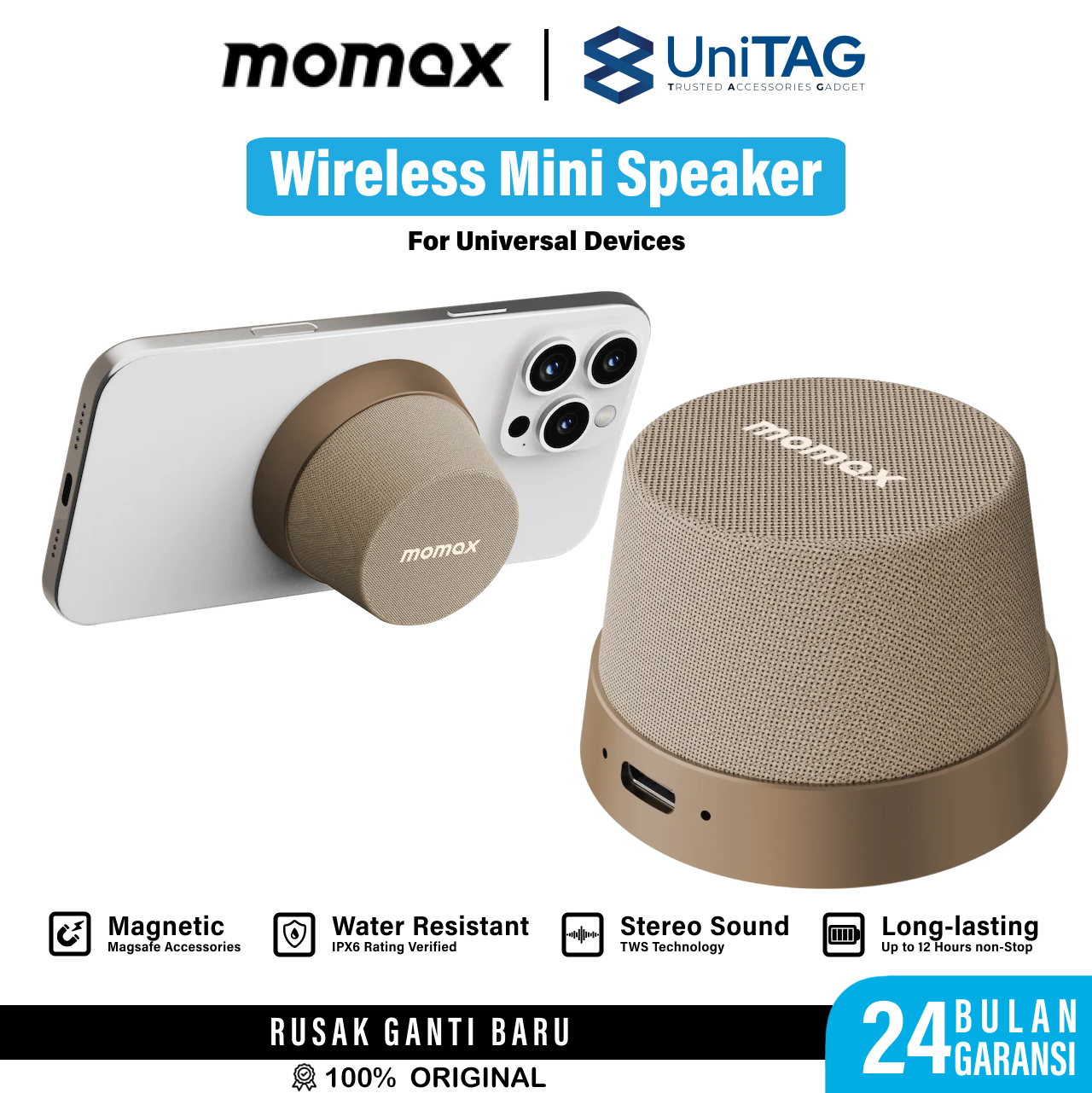 Momax Wireless Speaker 1-VibeGo Magnetic Portable True Wireless Speaker - Desert Titanium BS6HKL2