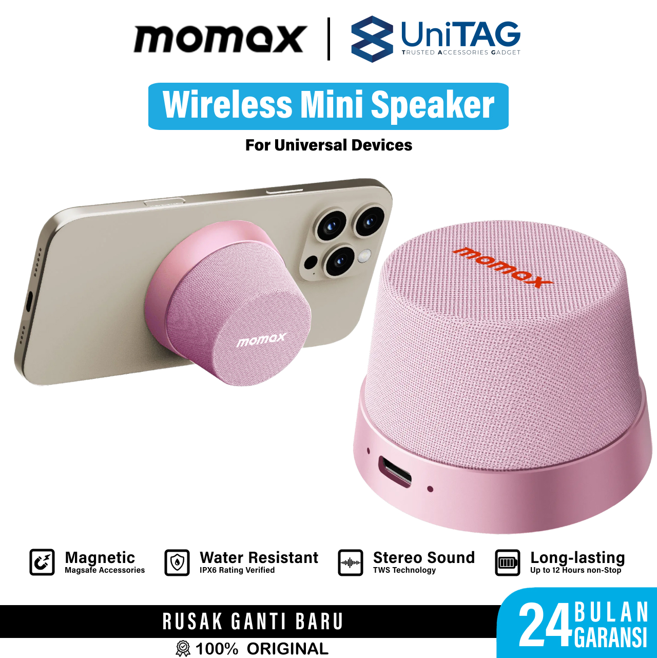 Momax Wireless Speaker 1-VibeGo Magnetic Portable True Wireless Speaker - Pink BS6HKP