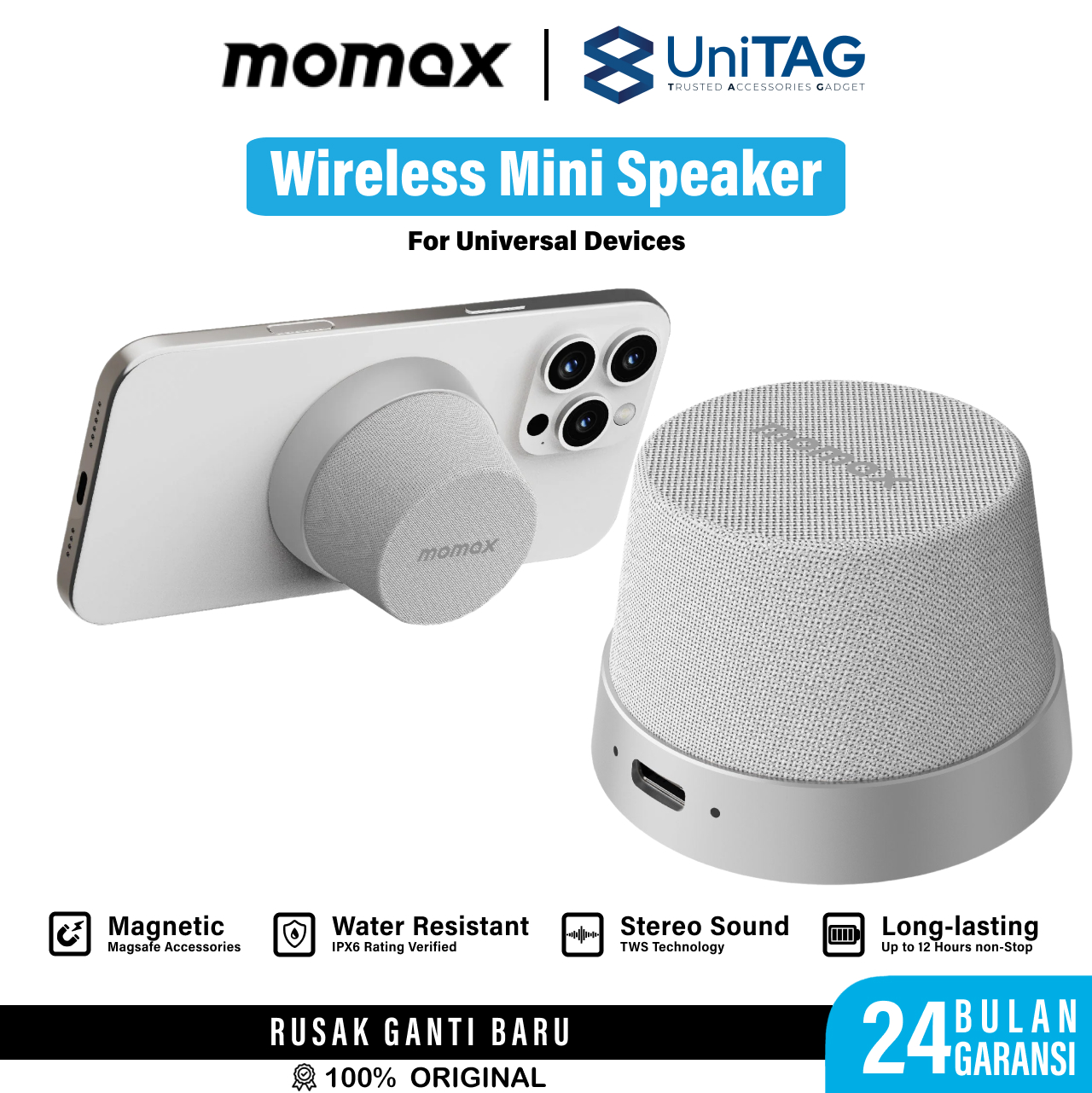 Momax Wireless Speaker 1-VibeGo Magnetic Portable True Wireless Speaker - Silver BS6HKS