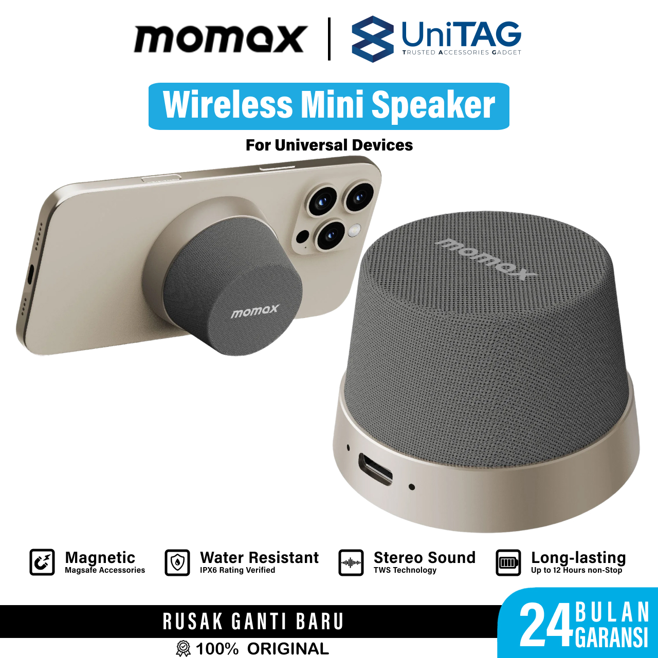 Momax Wireless Speaker 1-VibeGo Magnetic Portable True Wireless Speaker - Titanium BS6HKL