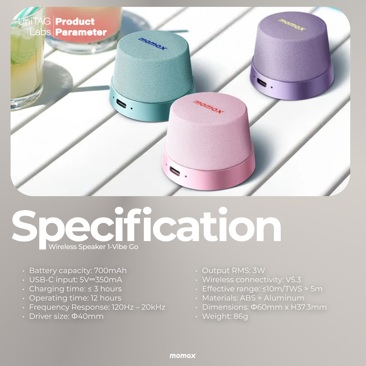 Momax Wireless Speaker 1-VibeGo Magnetic Portable True Wireless Speaker - Blue BS6HKB