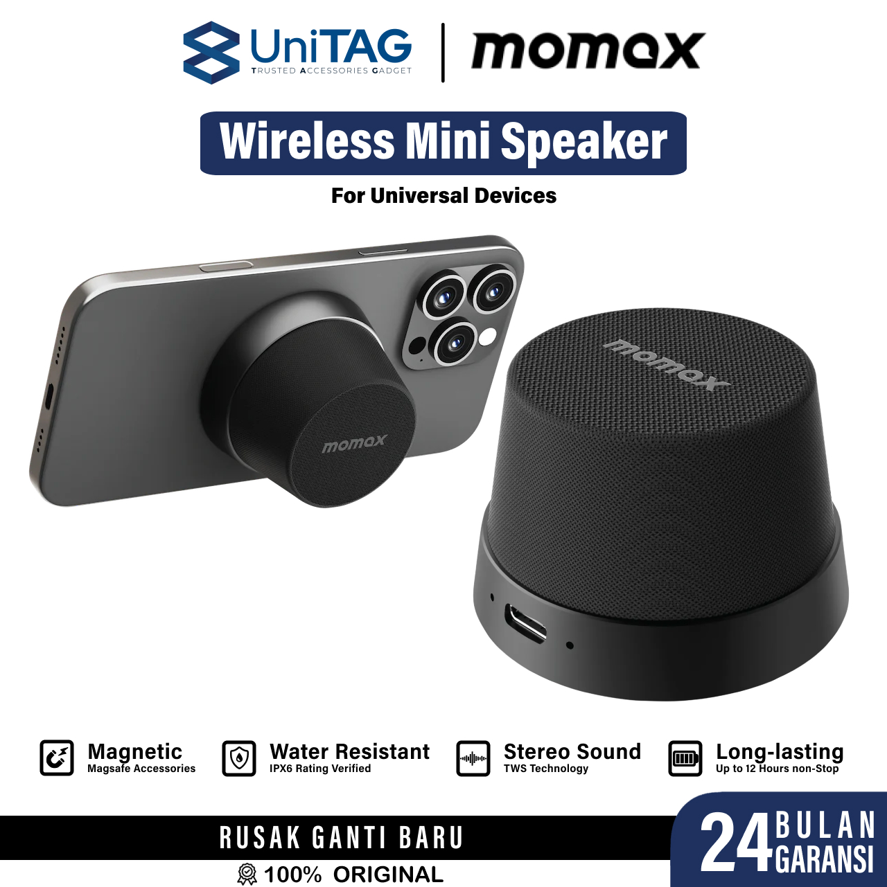 Momax Wireless Speaker 1-VibeGo Magnetic Portable True Wireless Speaker - Blue BS6HKB
