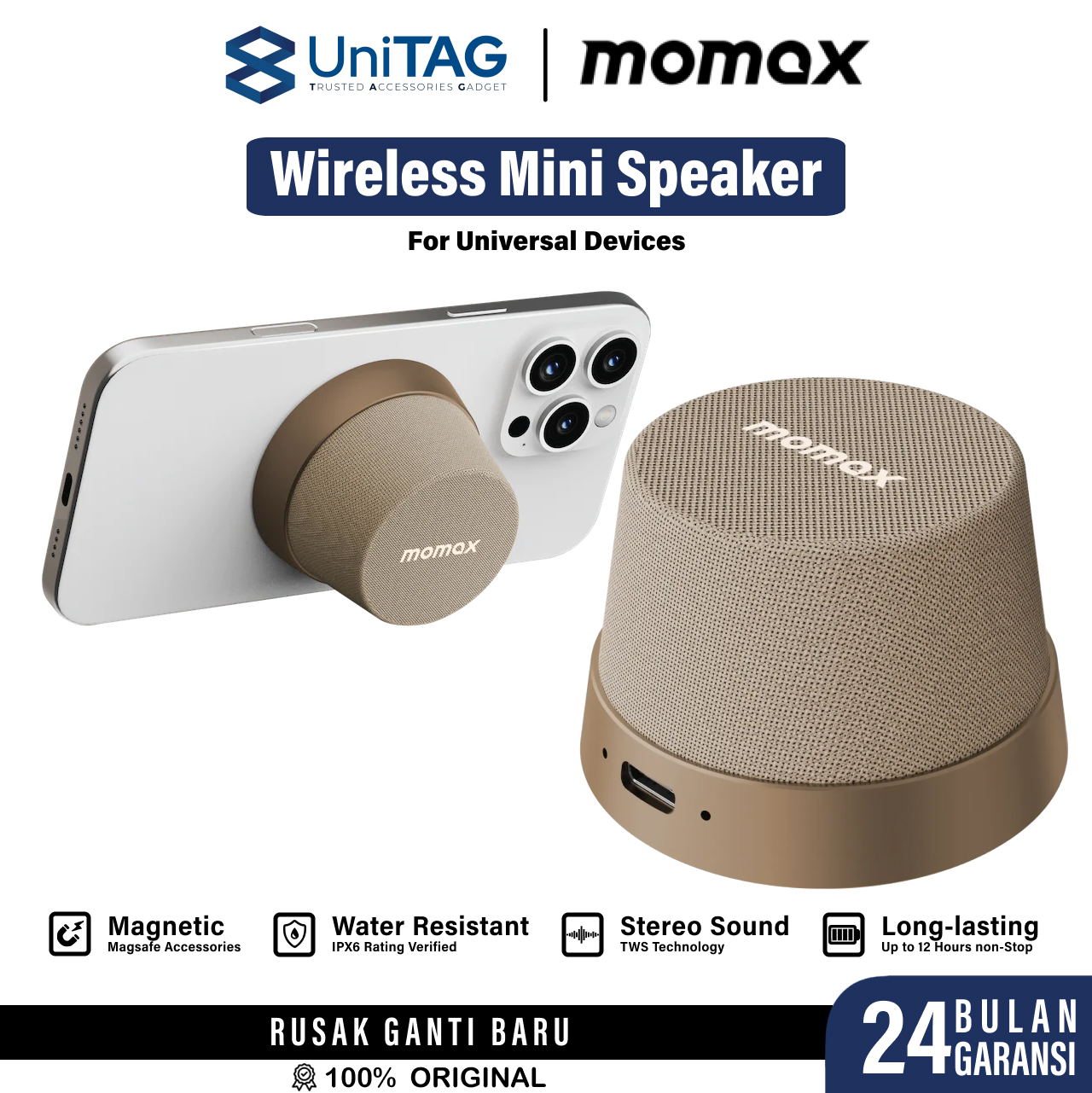 Momax Wireless Speaker 1-VibeGo Magnetic Portable True Wireless Speaker - Desert Titanium BS6HKL2