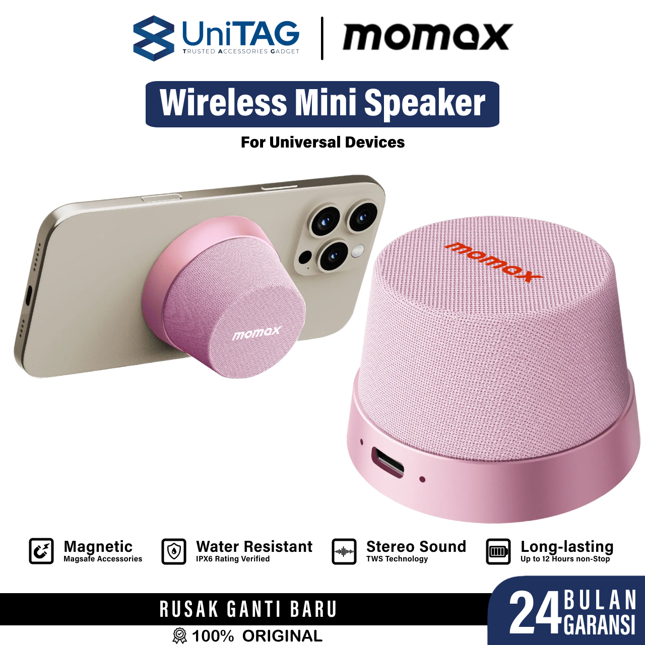 Momax Wireless Speaker 1-VibeGo Magnetic Portable True Wireless Speaker - Pink BS6HKP