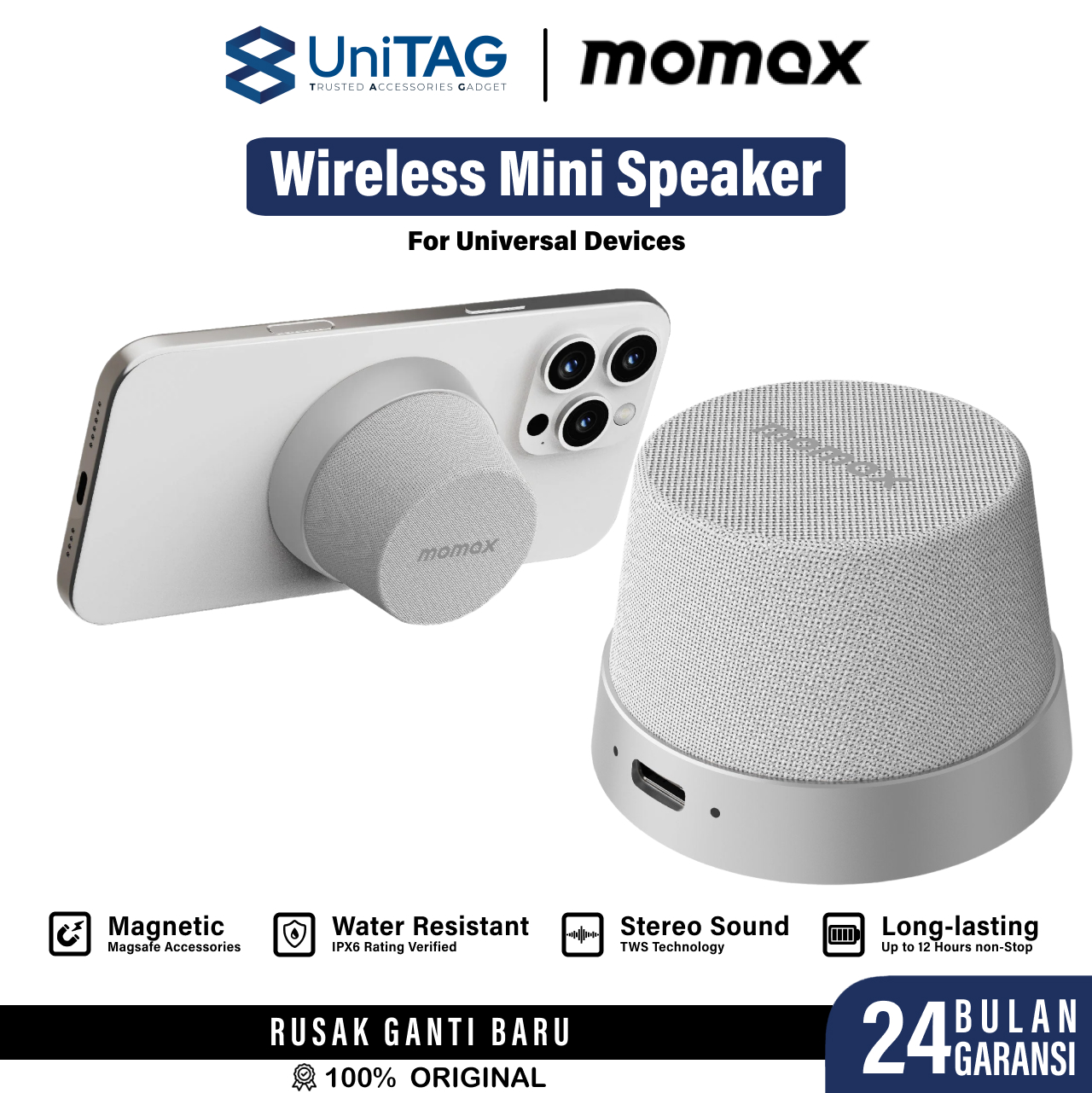 Momax Wireless Speaker 1-VibeGo Magnetic Portable True Wireless Speaker - Silver BS6HKS