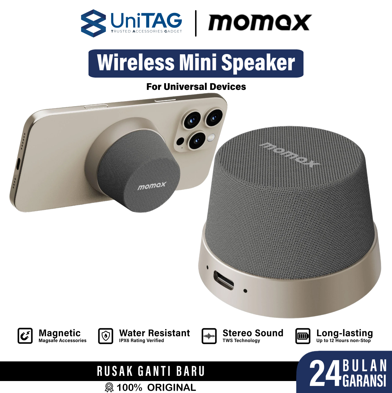 Momax Wireless Speaker 1-VibeGo Magnetic Portable True Wireless Speaker - Titanium BS6HKL