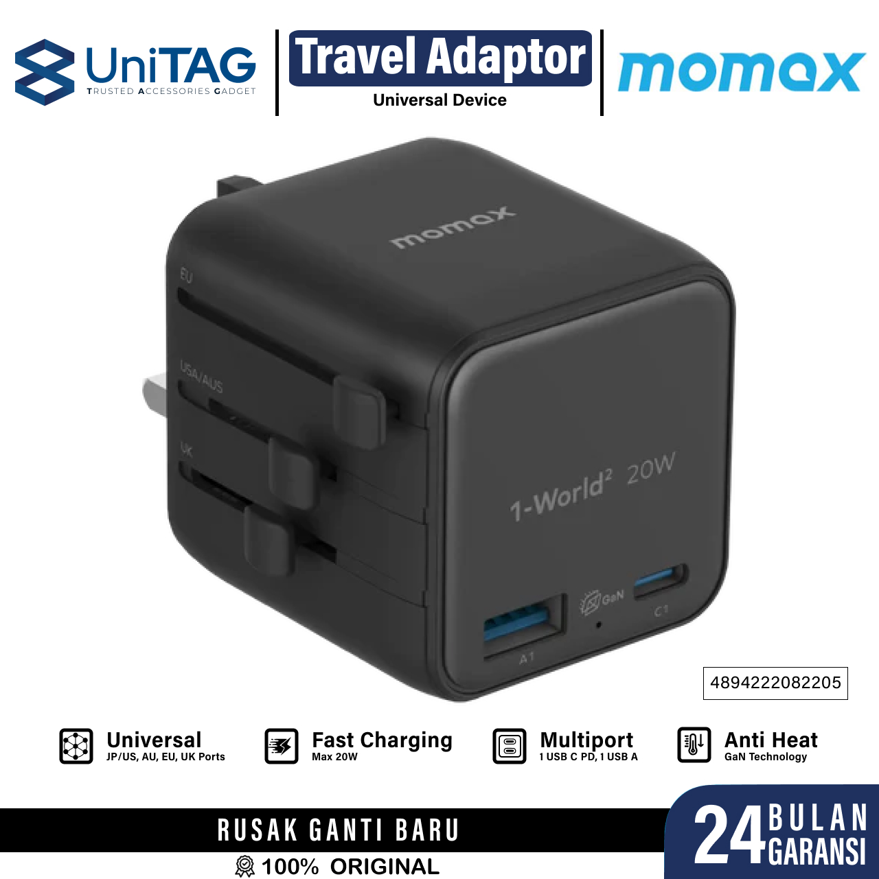 Momax Travel Adaptor 1-World2 Mini Universal 2-Port 1A 1C PD QC GaN 20W - Black UA29D
