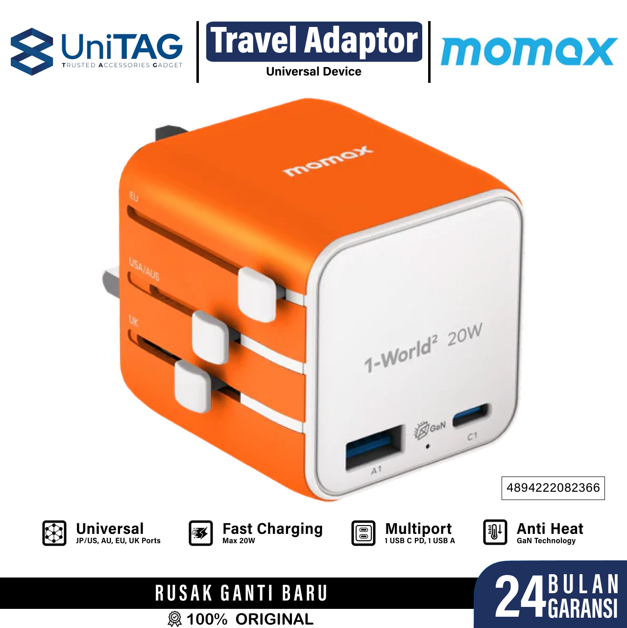 Momax Travel Adaptor 1-World2 Mini Universal 2-Port 1A 1C PD GaN 20W - Orange UA29M