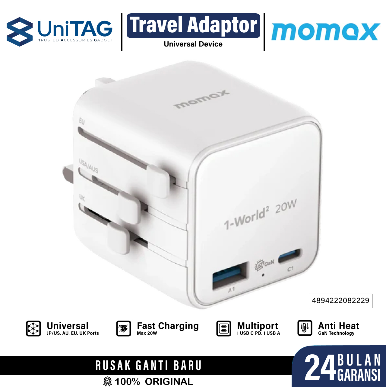 Momax Travel Adaptor 1-World2 Mini Universal 2-Port 1A 1C PD GaN 20W - White UA29W