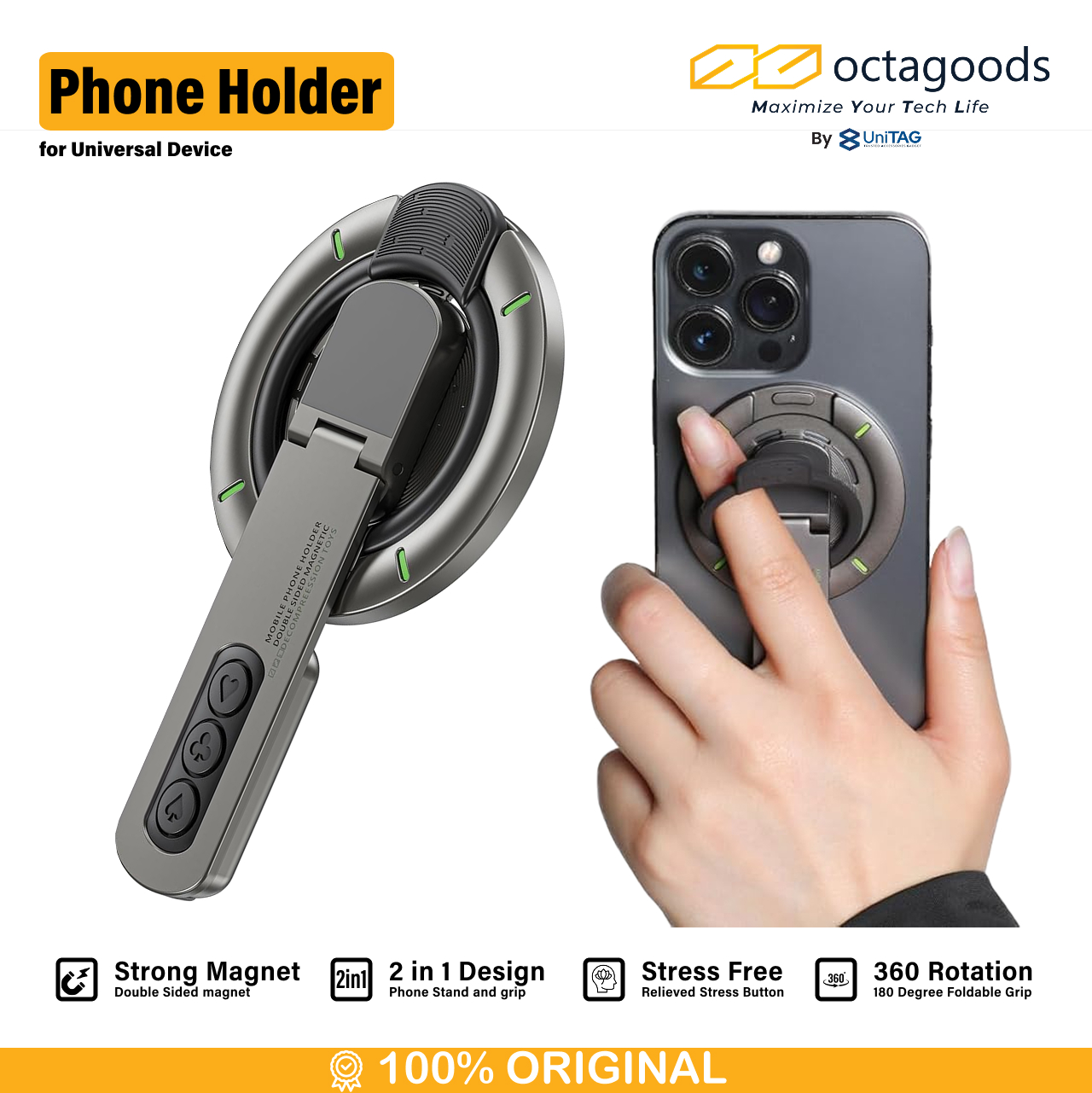 Octagoods Phone Holder Magsafe 2 in 1 Stand with Fingger Grip - Gray-1