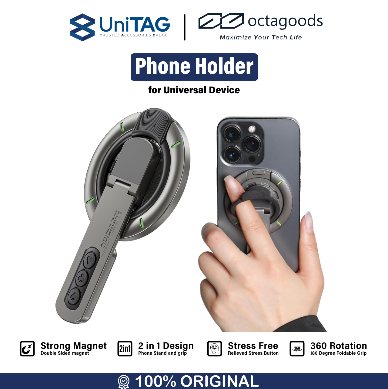 Octagoods Phone Holder Magsafe 2 in 1 Stand with Fingger Grip - Gray-1