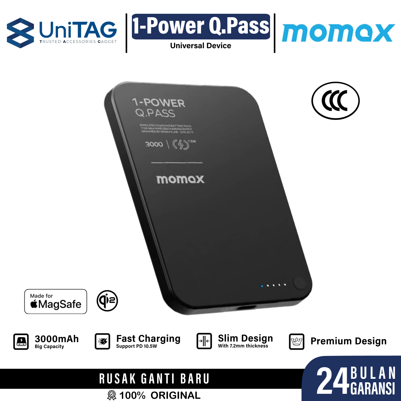 Momax Powerbank Magsafe Thin 3000mAh 1-Power Q.Pass - Black IP115D