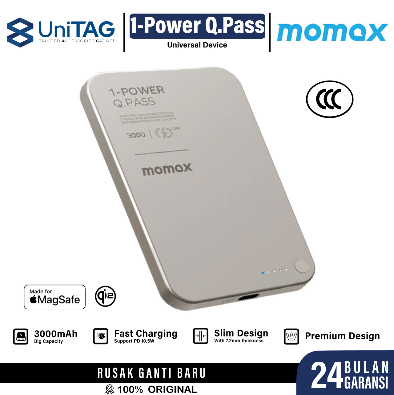 Momax Powerbank Magsafe Thin 3000mAh 1-Power Q.Pass - Titanium IP115L