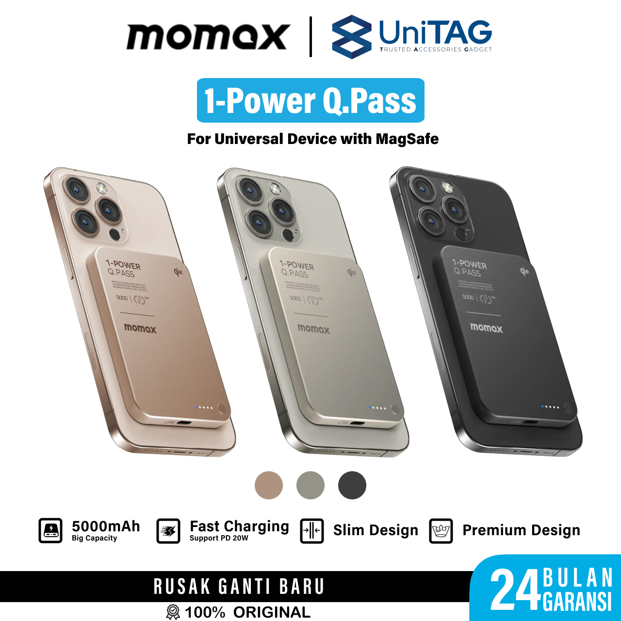 Momax Powerbank Magsafe Thin Q2 5000mAh 1-Power Q.Pass - Black IP129Q2D