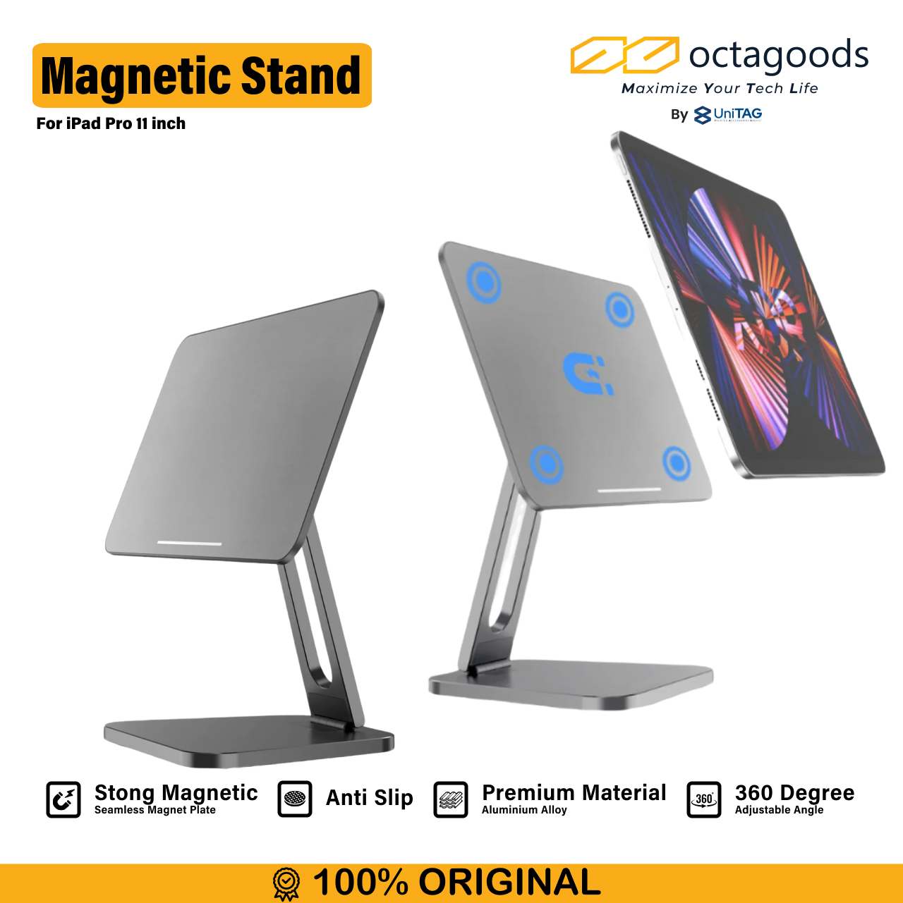Octagoods Stand iPad 11" Magnetic ZYX Fold Holder - Gray ZYX-030