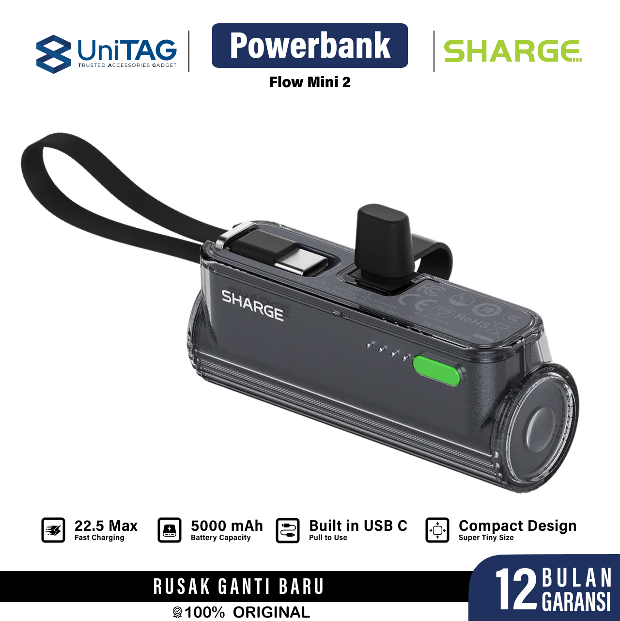 Sharge Powerbank 2 in 1 Flow Mini 2 5000mAh (+ USB C & Lightning Port) - Black YDD-SG-22.5-SX-HEI-1